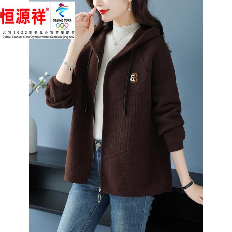恒源祥集团中年妈妈秋冬毛呢外套女连帽卫衣宽松休闲上衣加大码拉
