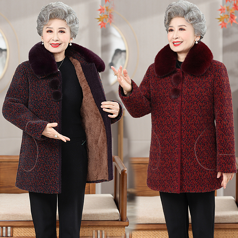 中老年人冬装洋气加绒加厚冬季上衣妈妈装中长款女装母亲保暖外套
