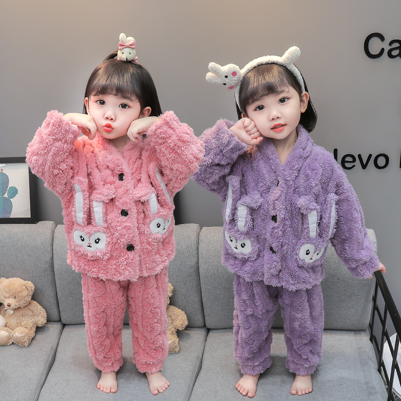 「萌娃穿搭」女童V领家居服秋冬女童睡衣女宝宝中小童冬季加绒保暖 