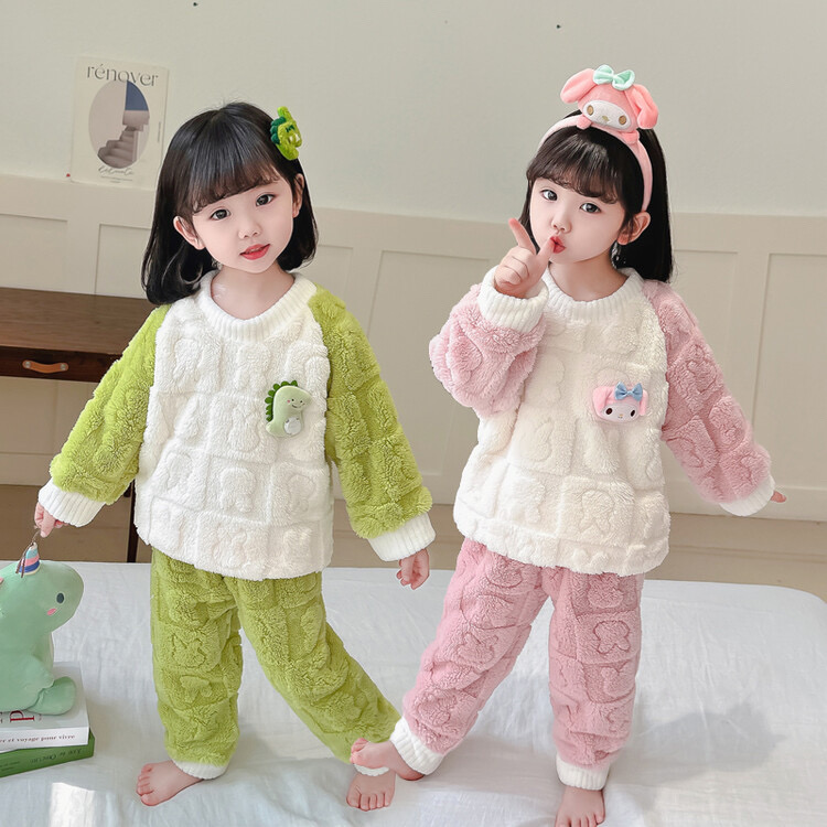 女童新款睡衣珊瑚绒秋冬季加绒卡通儿童女孩中小童家居服套装保暖