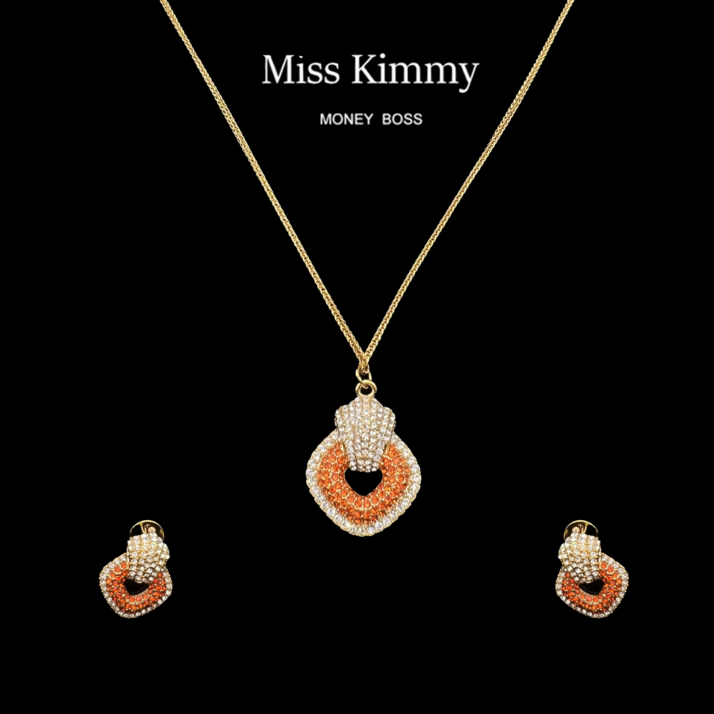 铜合金项链 MissKimmy 轻奢时尚百搭小众满钻橘色坠链耳饰
