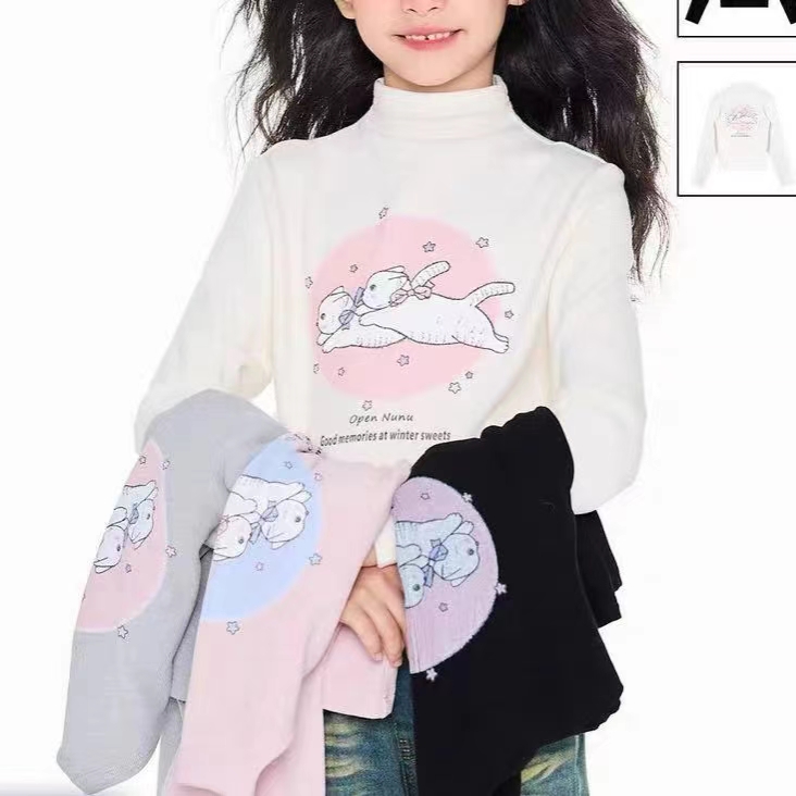 女童猫咪印花半高领打底衫