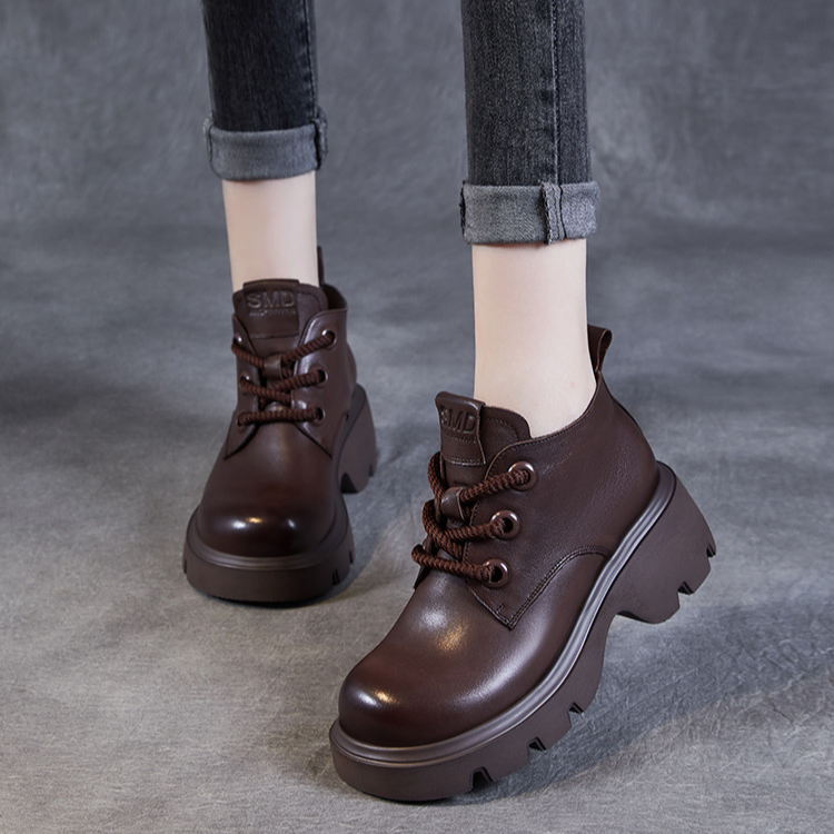 真皮高帮女鞋2025短靴英伦复古风及踝靴百搭加绒高跟秋冬马丁靴女