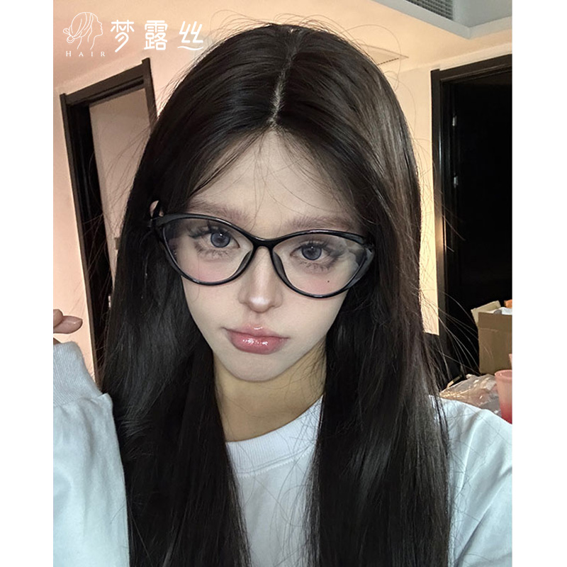 梦露丝韩系女主中分女黑长直发小额蕾丝气质日常仿真头皮整顶假发