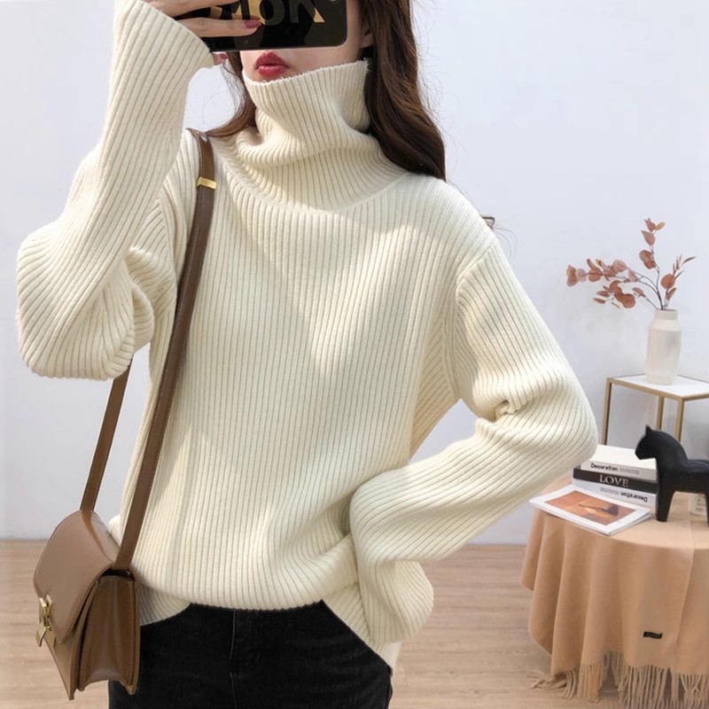 高领毛衣女秋冬加厚慵懒风宽松套头坑条洋气毛衣内搭可外搭