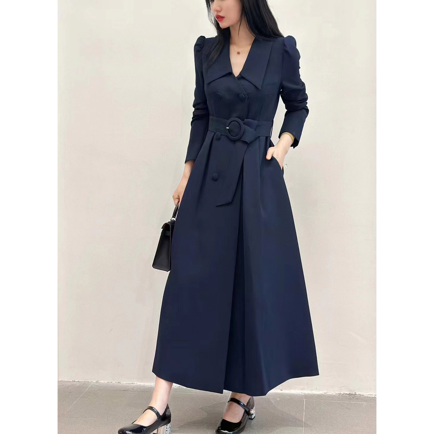 M1599 气质百搭腰带款蓝色长袖连衣裙 裙长118 款号S51579