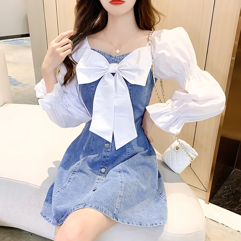 春秋季新款修身显瘦时尚方领蝴蝶结法式泡泡袖牛仔连衣裙潮洋气