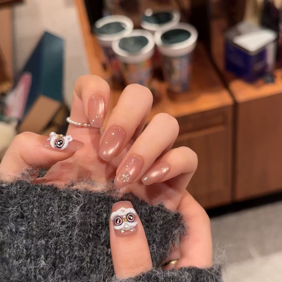 【小醒狮】珊瑚纪闪亮猫眼雪花显白美甲温柔纯手工穿戴甲