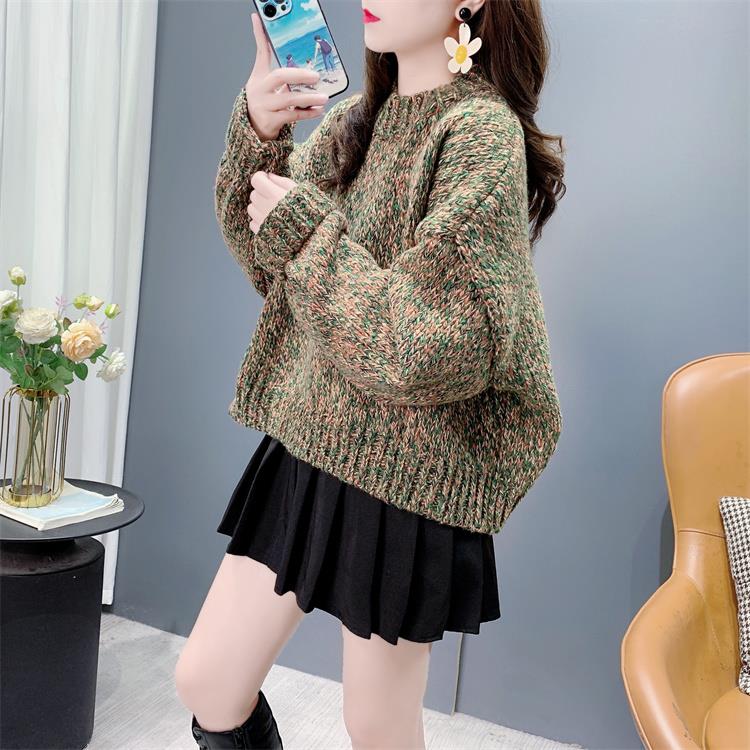 花纱彩线软糯加厚圆领毛衣女秋冬2024新款宽松小个子复古针织上衣