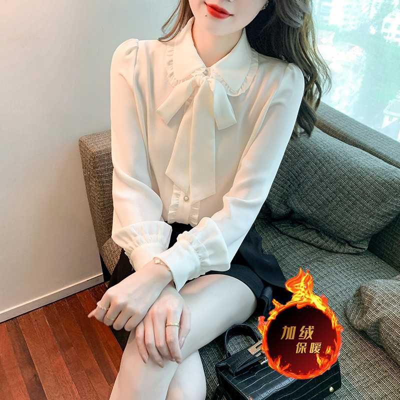法式蝴蝶结娃娃领衬衫女秋冬加绒加厚保暖衬衣内搭打底长袖上衣服