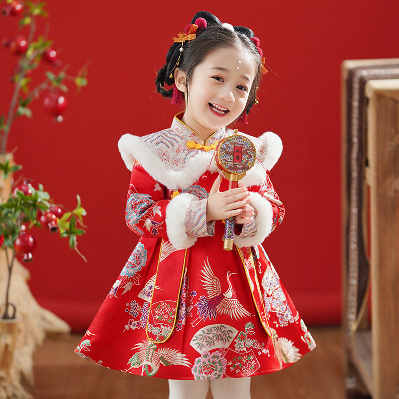 宝宝拜年服周岁礼服女童加绒秋冬一岁生日宴抓周儿童喜庆唐装冬季