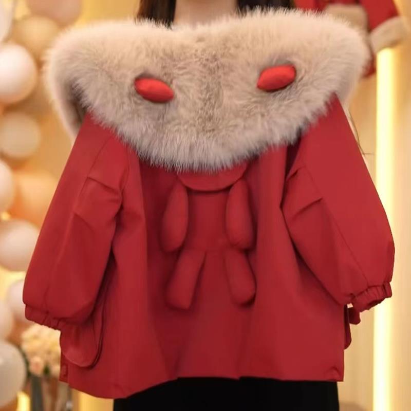 女童加绒拜年服2023新款冬装派克服儿童加厚红色本命年24过年外套