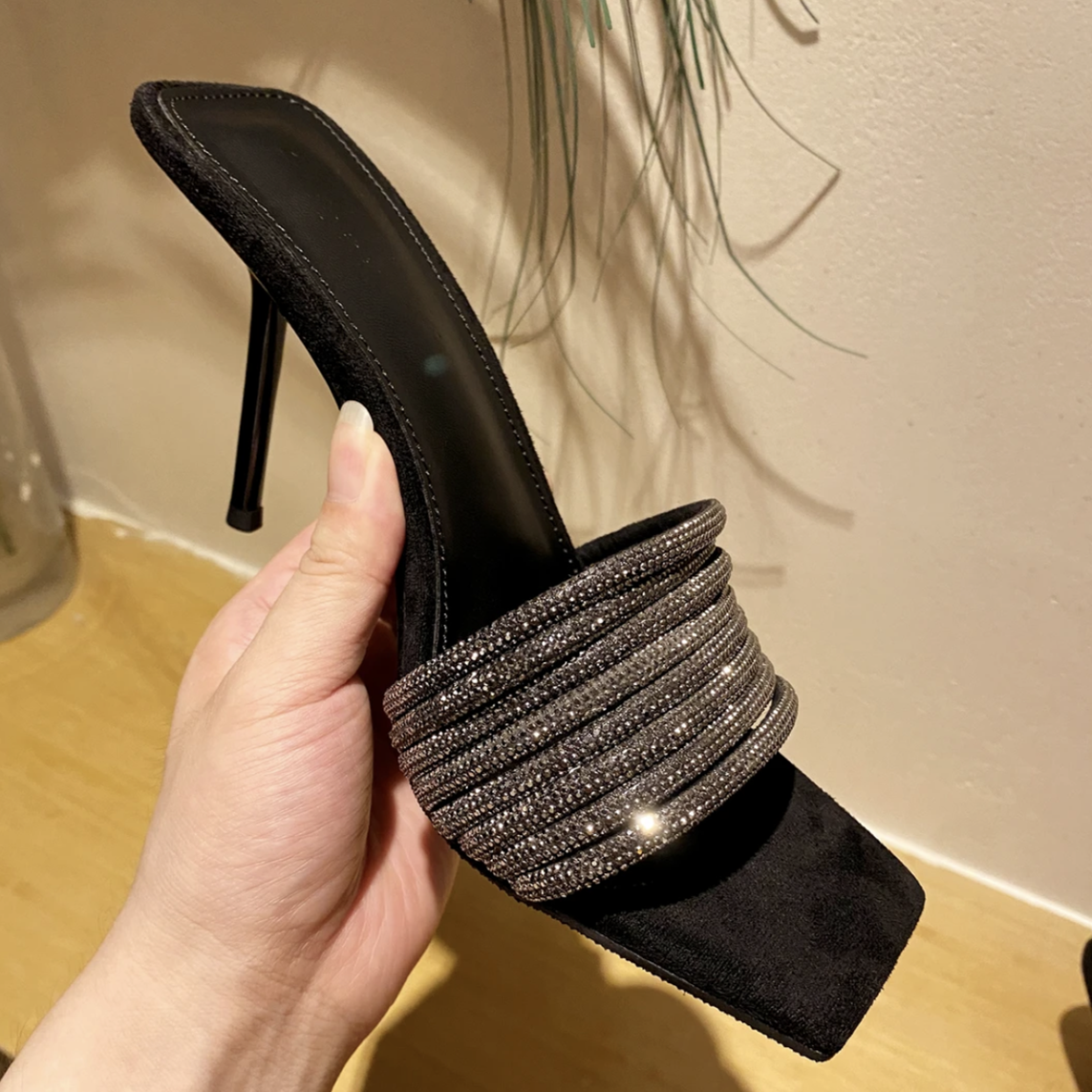 宴会新款方头细跟黑色性感一字带水钻凉鞋御姐风网红高跟凉拖鞋女