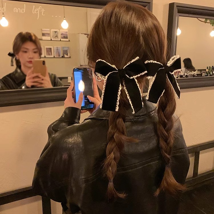 浪漫少女 黑色蕾丝边丝绒蝴蝶结双马尾飘带发夹女后脑勺夹子头饰
