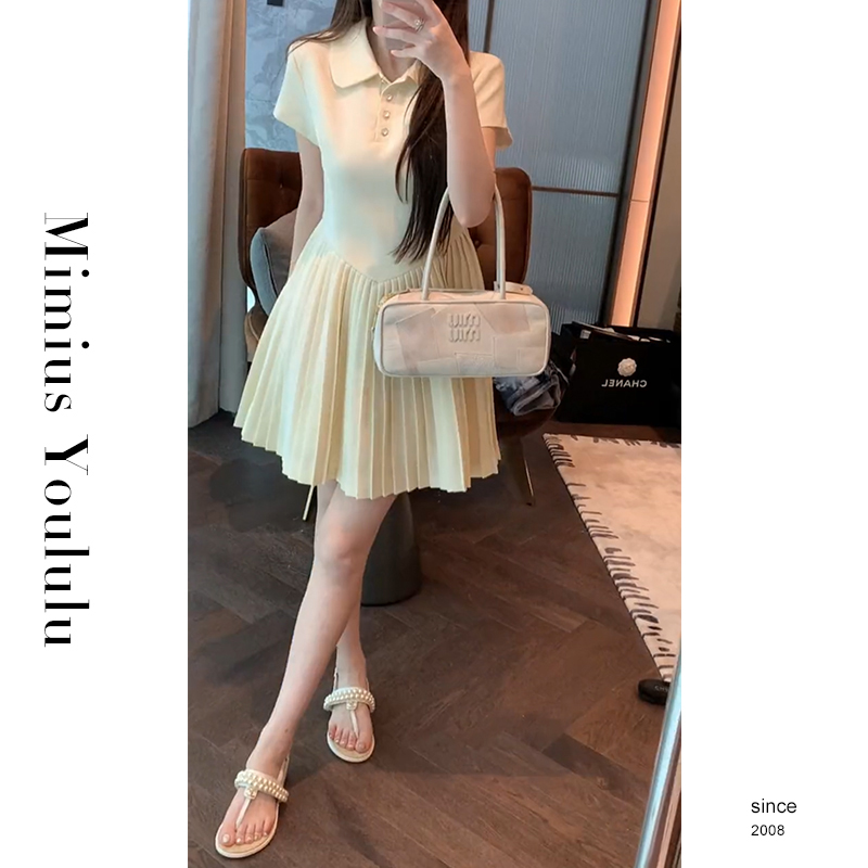 【mimius】喵喵【月下昙花】小香风Polo领减龄百褶连衣裙 F06077