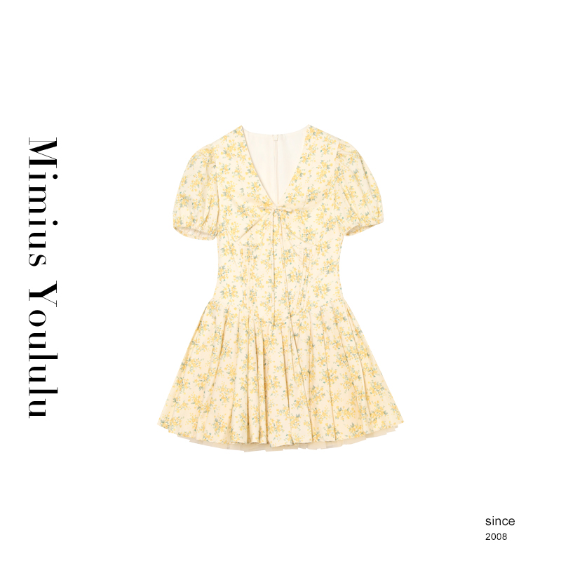 【mimius】江江【揉碎月光】V领系带百褶碎花连衣裙 F06070