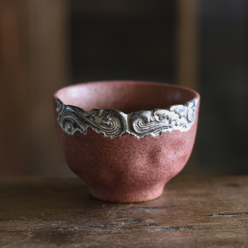 【小田甄陶】珊瑚红-灰念-海浪杯-100ml（Q1530）