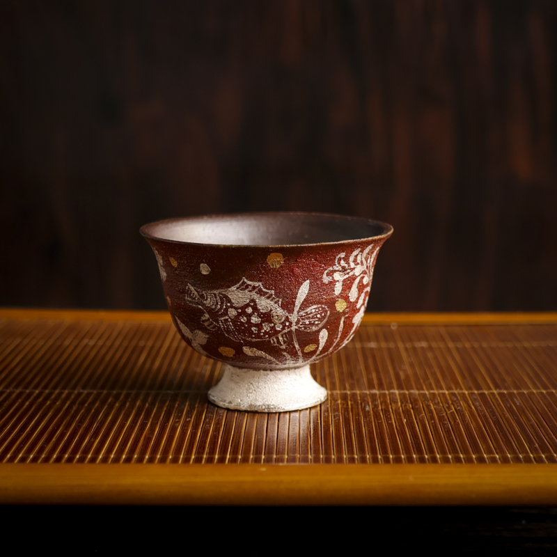 【小田甄陶】炼陶-鱼藻图-蕉白轩-压手杯-80cc（蕉白S0172）