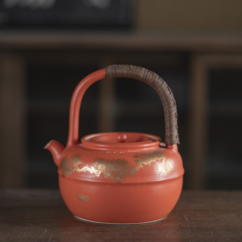 【小田甄陶】红地金彩白泥-腰线提梁壶