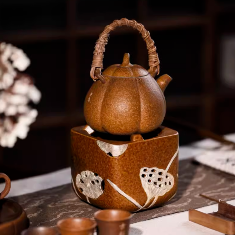 【小田甄陶】套组-南瓜提梁壶+莲藕酒精炉粗陶茶道器具
