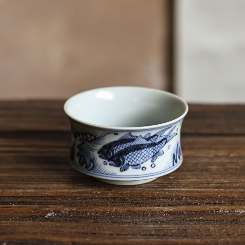 【小田甄陶】青花鱼藻海浪-翁宿-杯（翁宿S0014）
