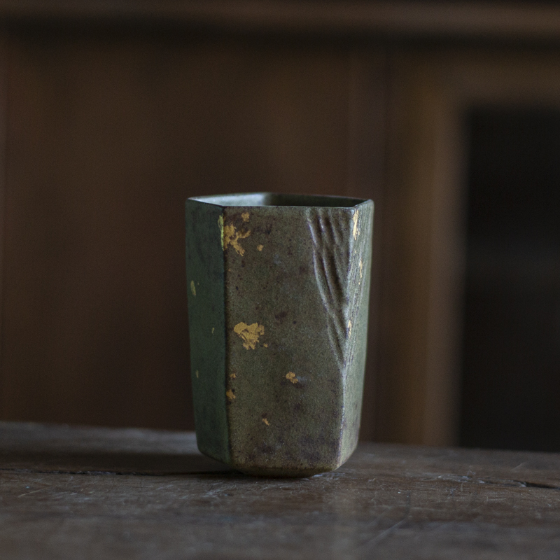 【小田甄陶】青苔-灰念-几何杯.小（带金）80CC（Q0537）口径45mm高70mm
