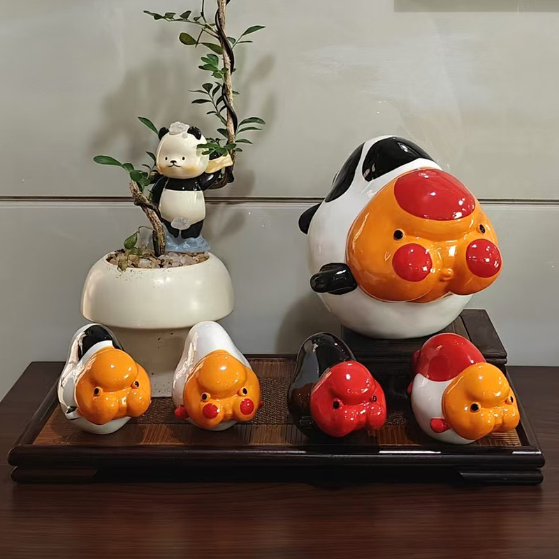 兰寿泰狮锦鲤景德镇陶瓷工艺摆件齐鳃红金鱼模型鱼缸造景可爱茶宠