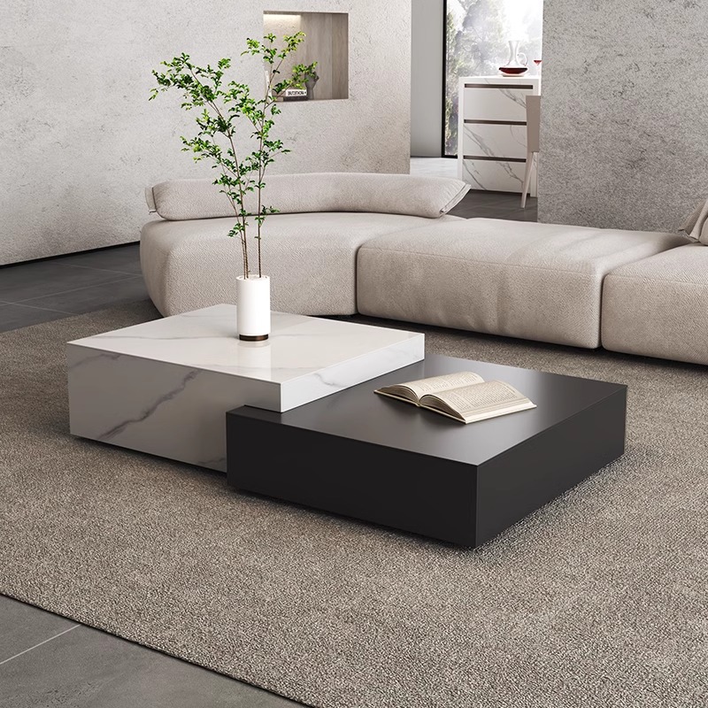 意式极简岩板茶几现代简约长方形小户型小红书设计师黑白撞色茶几