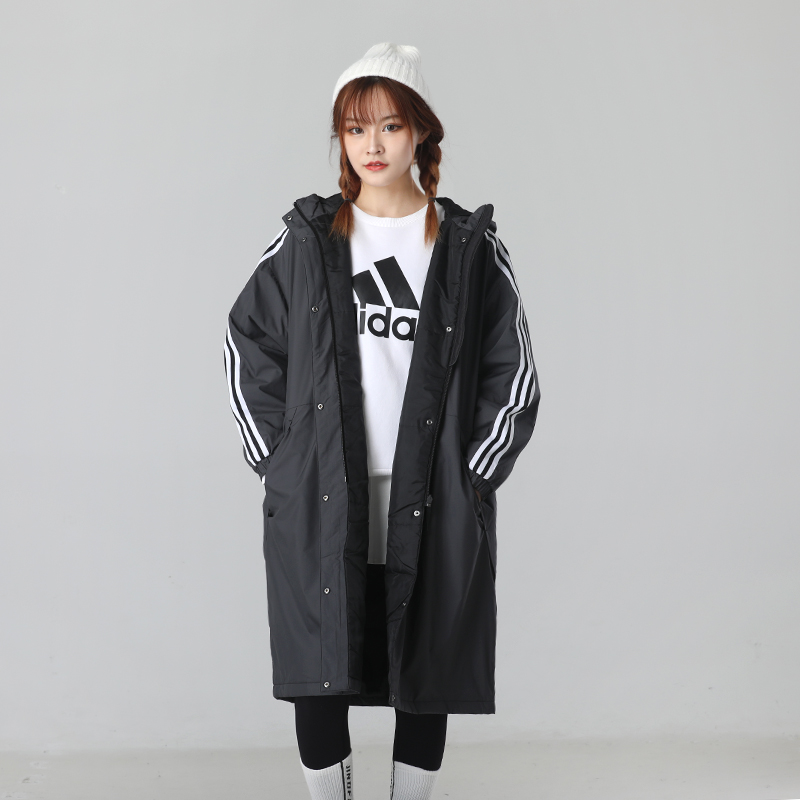 阿迪达斯长款棉服女装冬季新款连帽宽松休闲棉衣运动外套GF0025