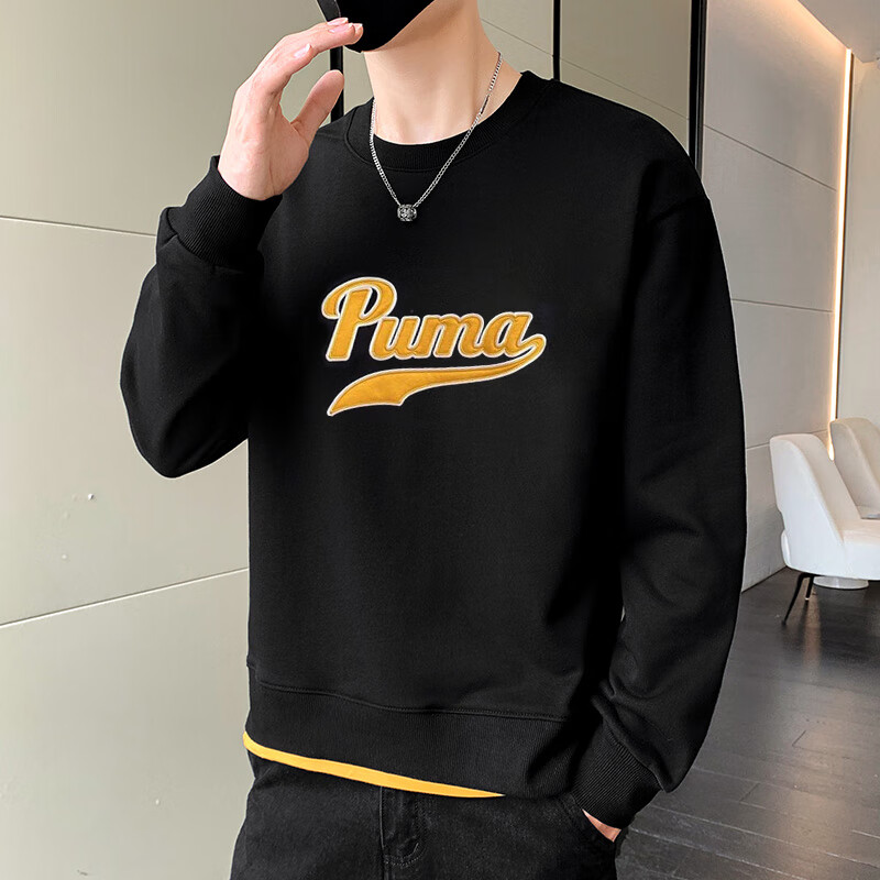 PUMA彪马卫衣男装新款黑色圆领套头衫针织学院风运动服534383-01