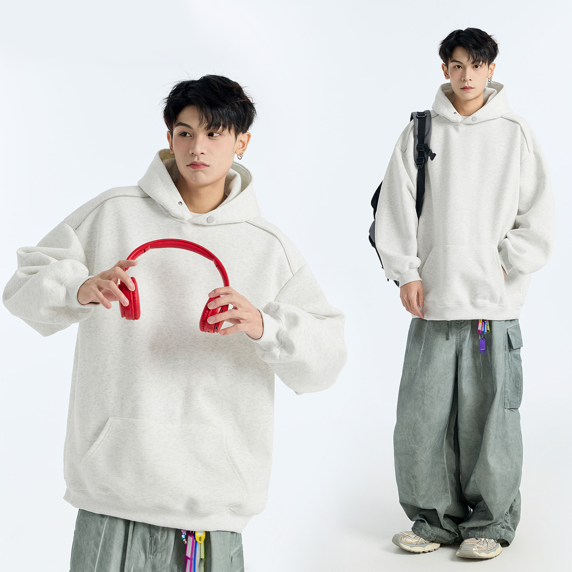 秋冬加绒加厚卫衣男纯色重磅连帽拉链设计长袖青少年外套休闲上衣