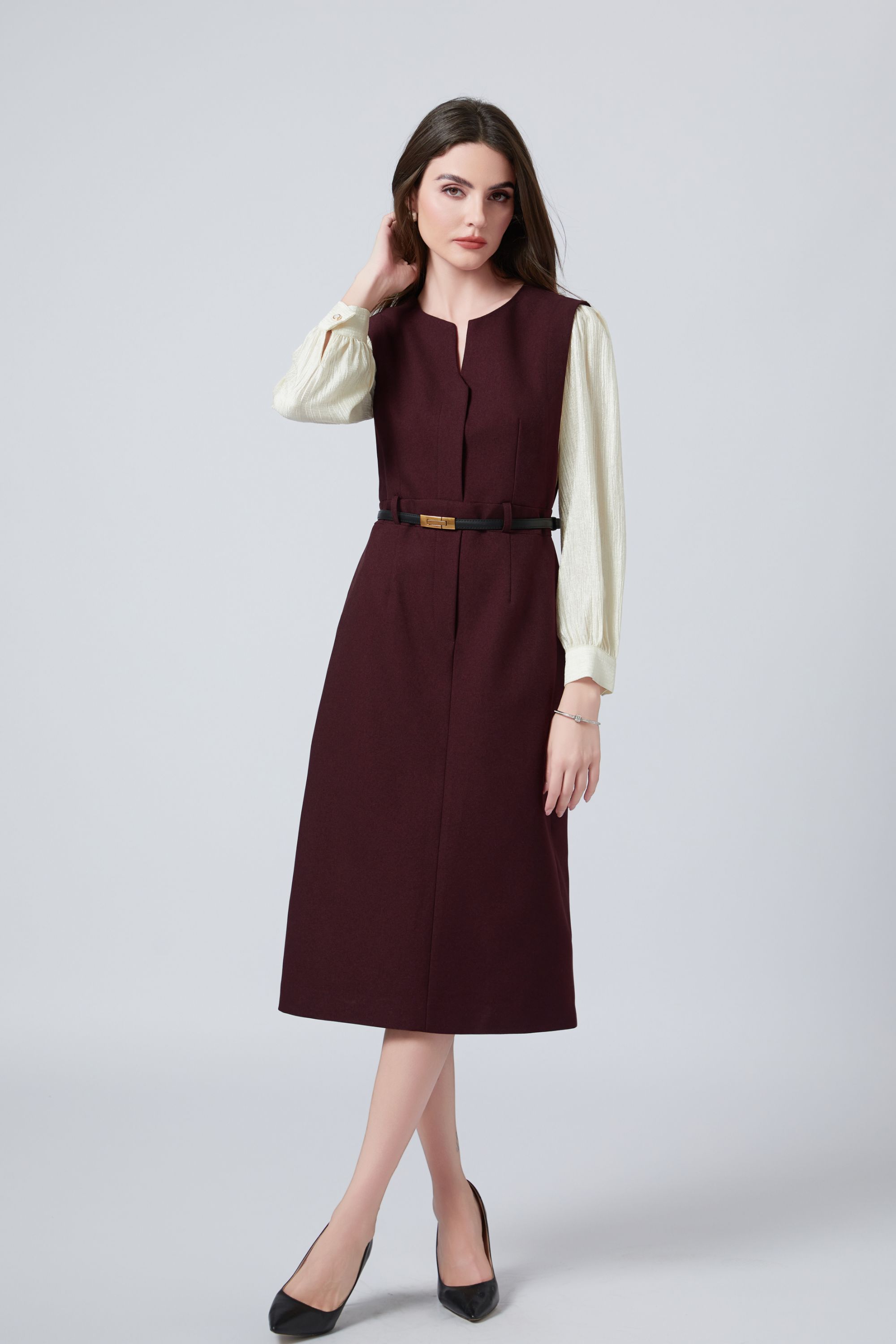 秋季新款V领安可拉红轻奢假两件显瘦气质连衣裙24293