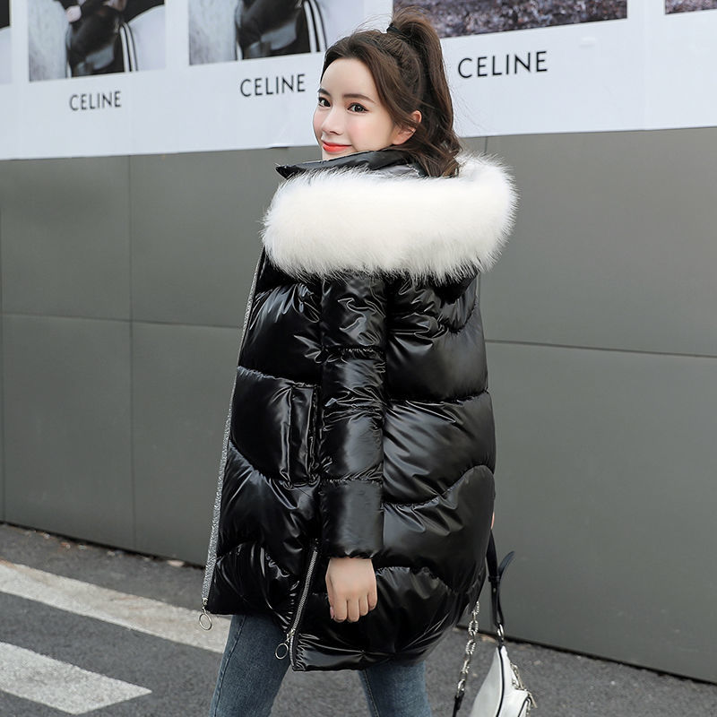 免洗羽绒服女亮面2023韩版羽绒服女中长款冬季宽松加厚活帽