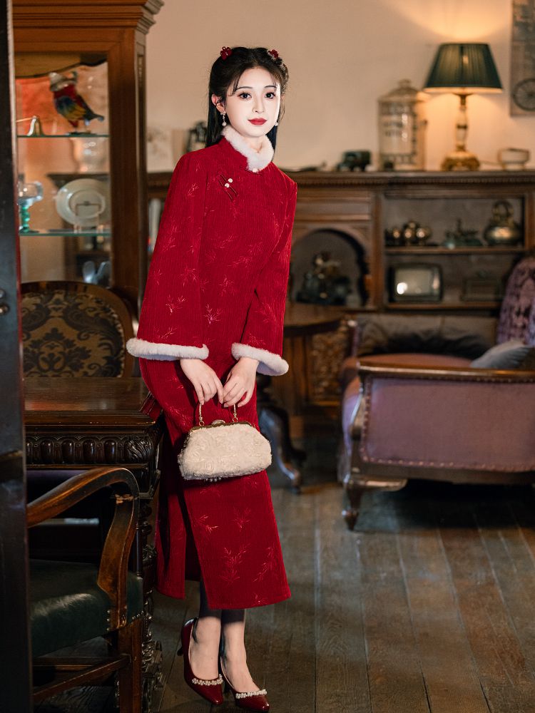 红色旗袍敬酒服新娘秋冬季订婚礼服裙新中式日常可穿长袖加绒加厚