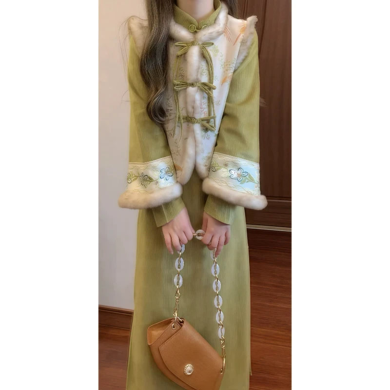 新中式女装温婉改良旗袍超仙马甲连衣裙国风复古套装汉元素两件套