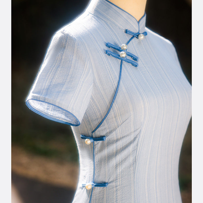 新中式改良旗袍复古民国年轻款少女2025新款夏季小个子蓝色连衣裙