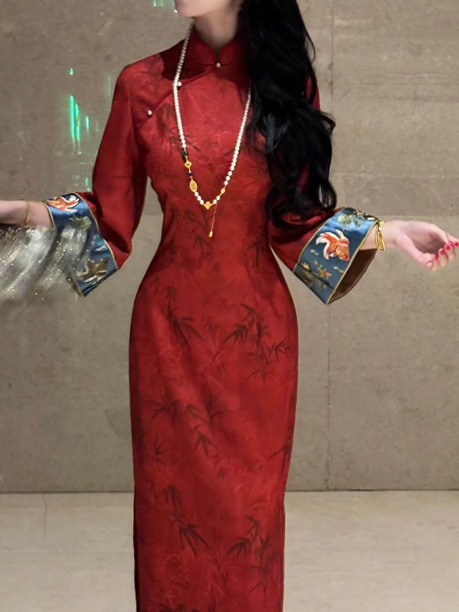 高级温柔显白竹叶提花改良版加绒加厚旗袍裙超气质连衣裙红竹女装