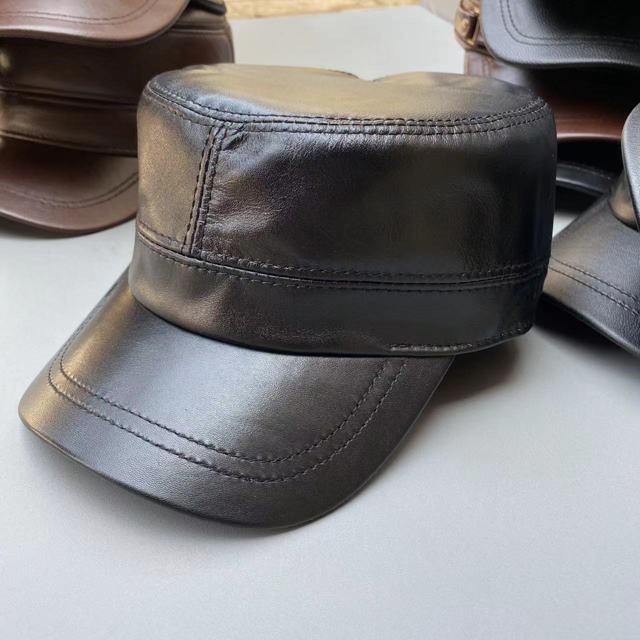 凯豪硕齐真皮帽子男春秋男士中老年羊皮时尚薄款平顶帽休闲帽