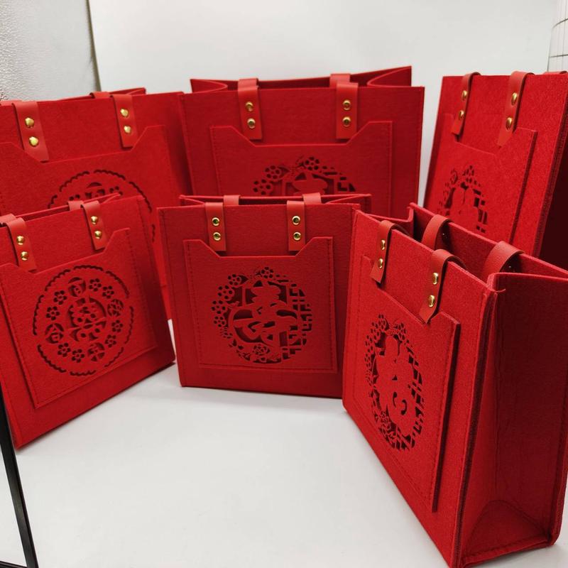 毛毡手提包结婚新娘立体图案烫金贴字包新款伴娘喜字毛毡包红色包
