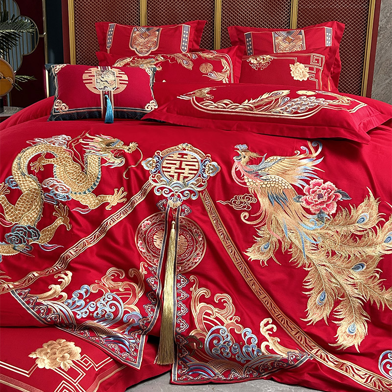 yy【凤冠霞帔】暗纹提花款高支高密婚庆龙凤四件套