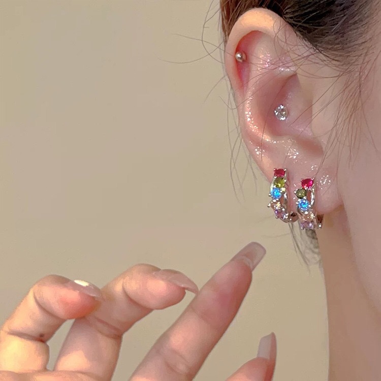 铜合金耳饰 夏日彩虹一体式蚊香盘耳夹无耳洞彩色锆石百搭精致
