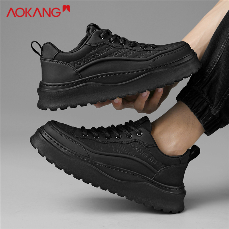 Aokang/奥康2025春夏季时尚百搭潮鞋男士软底黑色厚底休闲板鞋