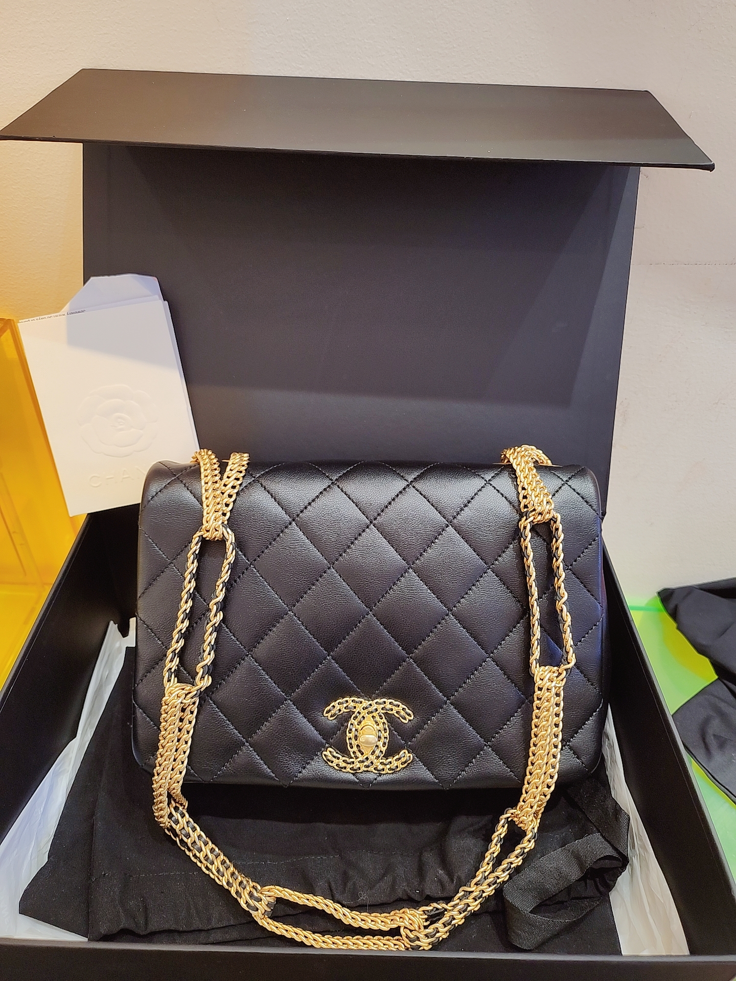 全新未使用 Chanel/香奈儿 22c黑金大都会瀑布链腋下包限量重工款