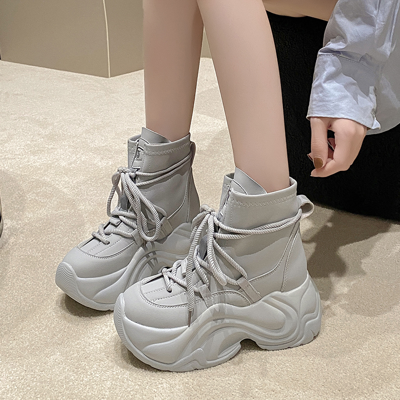 增高马丁靴女鞋2023春秋季新款爆小个子厚底松糕短靴高帮老爹鞋女
