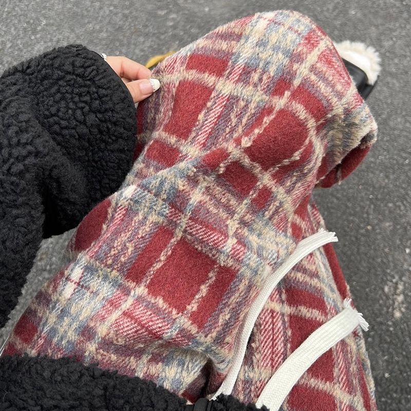 圣诞红色加绒格子裤女秋冬季高腰垂感休闲直筒长裤毛呢窄版阔腿裤