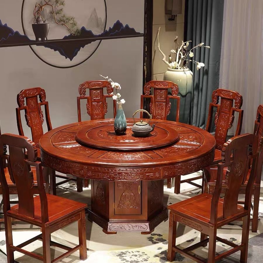 实木餐桌椅餐桌组合转盘中式圆桌家用古典桌子橡木仿古雕花餐桌椅
