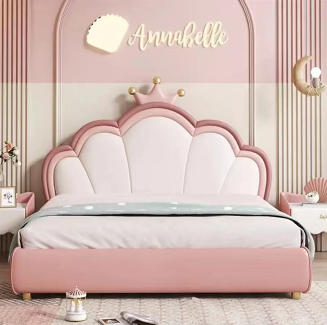 女孩儿童房卡通公主床可爱小孩粉色北欧皮艺真皮床真皮床双人