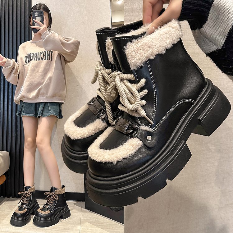 2023新款冬季马丁靴女厚底增高加绒小个子保暖棉短靴防滑雪地靴