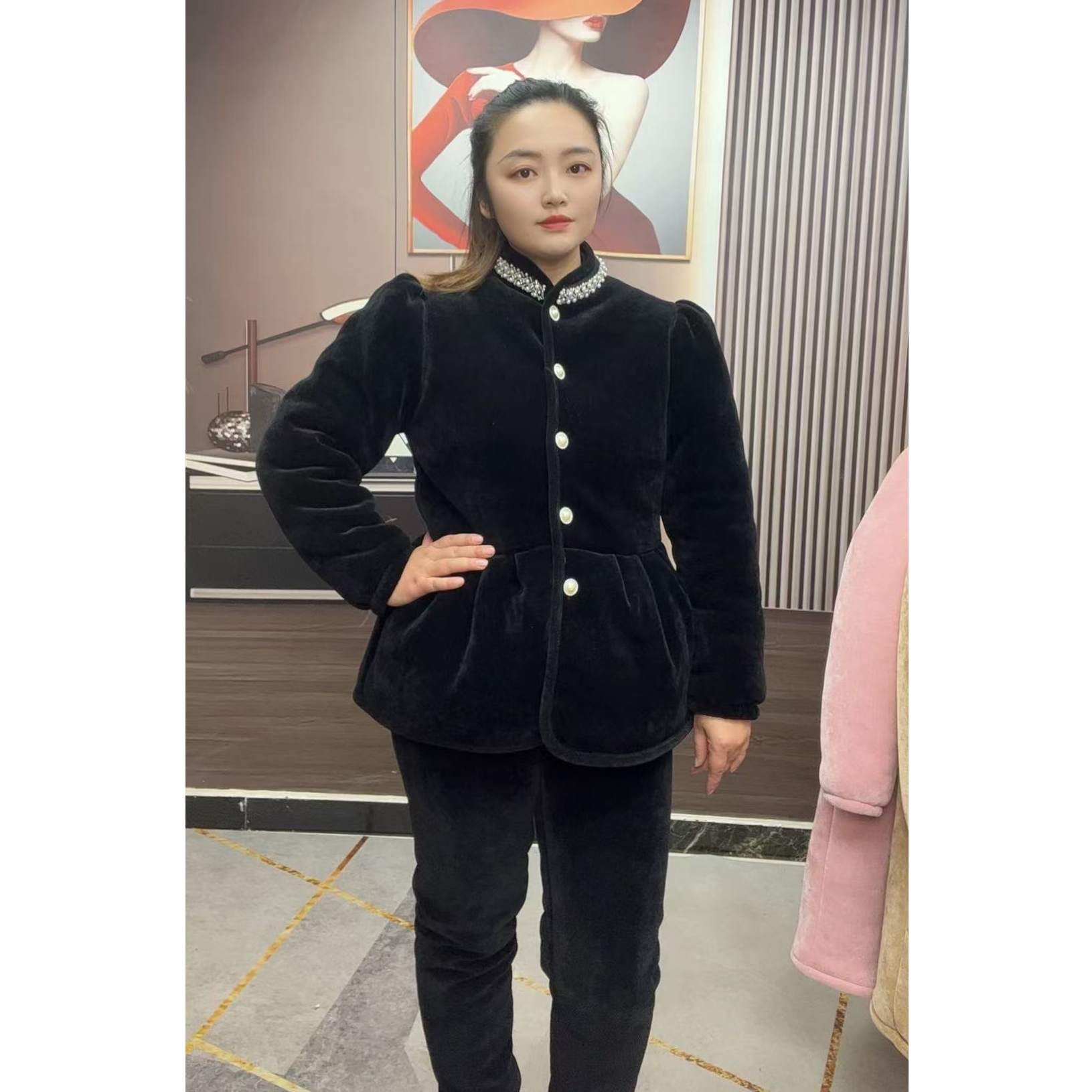 M11韩系冬季保暖女家居服秋冬休闲黑色女装立领加绒国风设计师