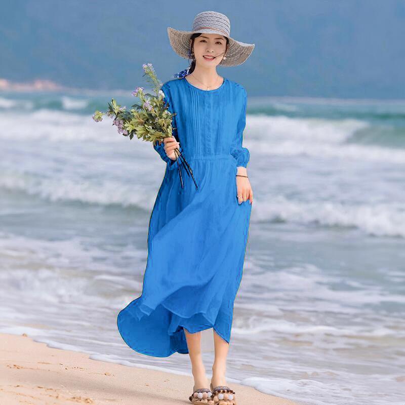（858）夏季旅行文艺休闲文旅风大摆莱赛尔天丝大码气质百搭连衣裙